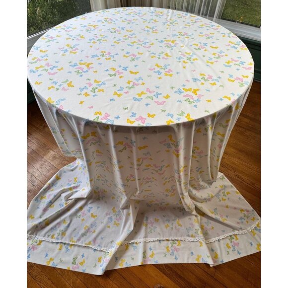 Vintage 70s flat sheet, yellow, pink, blue green butterflies, twin size, Dior - Picture 2 of 8